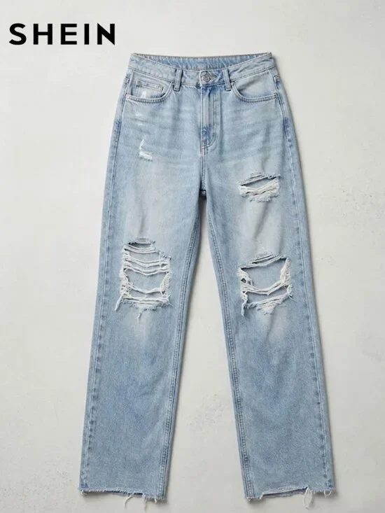 SHEIN Jeans Womens Medium US 6 Light Blue Distressed High Rise Streetwear Ripped - Picture 2 of 7